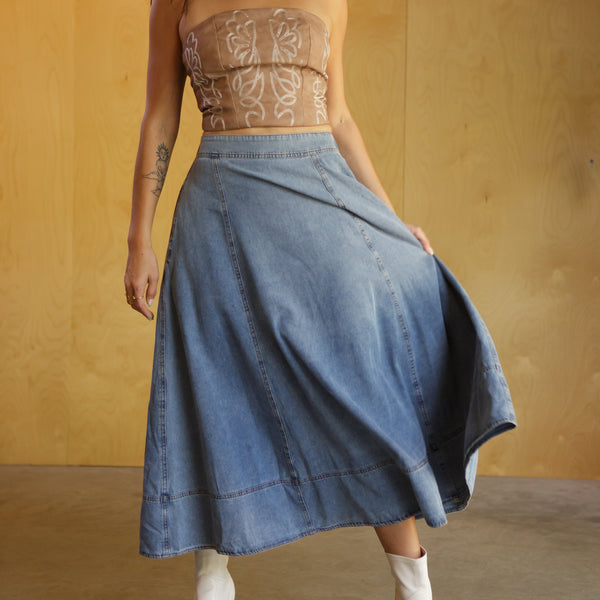 Tennie Denim Skirt, high-rise A-line denim skirt with pockets, midi length, and no stretch.